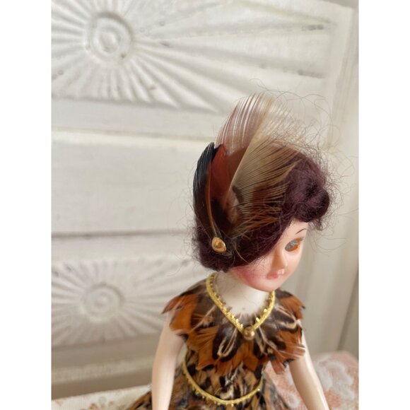 Vintage 1950s Celluloid Doll With Pheasant Feather Dress & Lace Trim - Picture 11 of 12